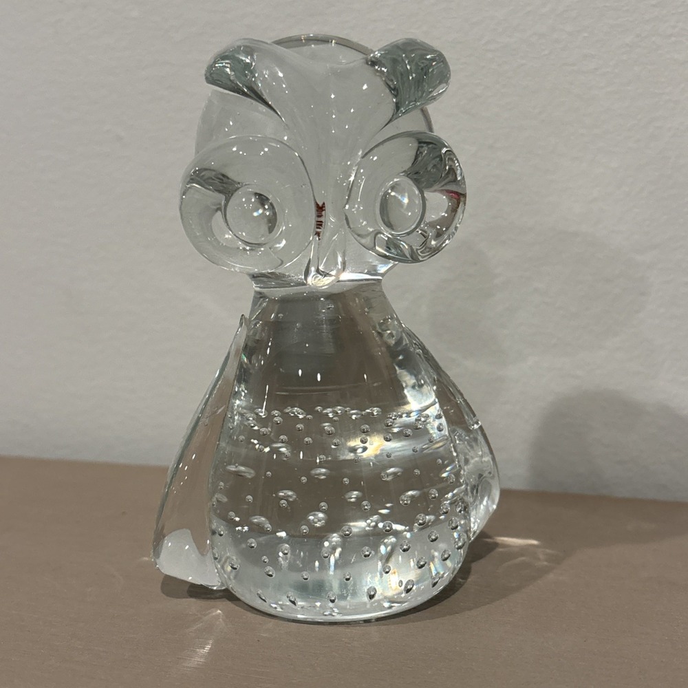 Vintage Clear Glass Owl Figurine paperweight Unsigned organized bubbles